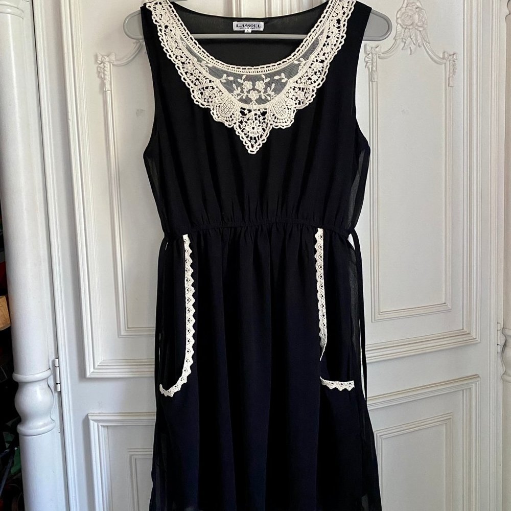 102 Black LA Soul Midi Large Dress Lace Collar Pockets, Pullover, Elastic Waist